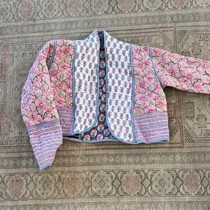 Blockprint Floral Quilted Jacket with Pink and Blue Accents